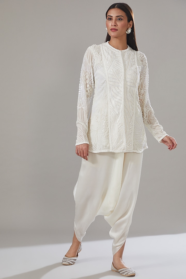 Ivory Georgette Embroidered Jacket Set by Mishru at Pernia's Pop Up Shop