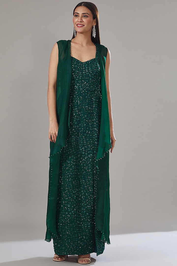 Green Georgette Embroidered Slit Jacket Dress by Mishru