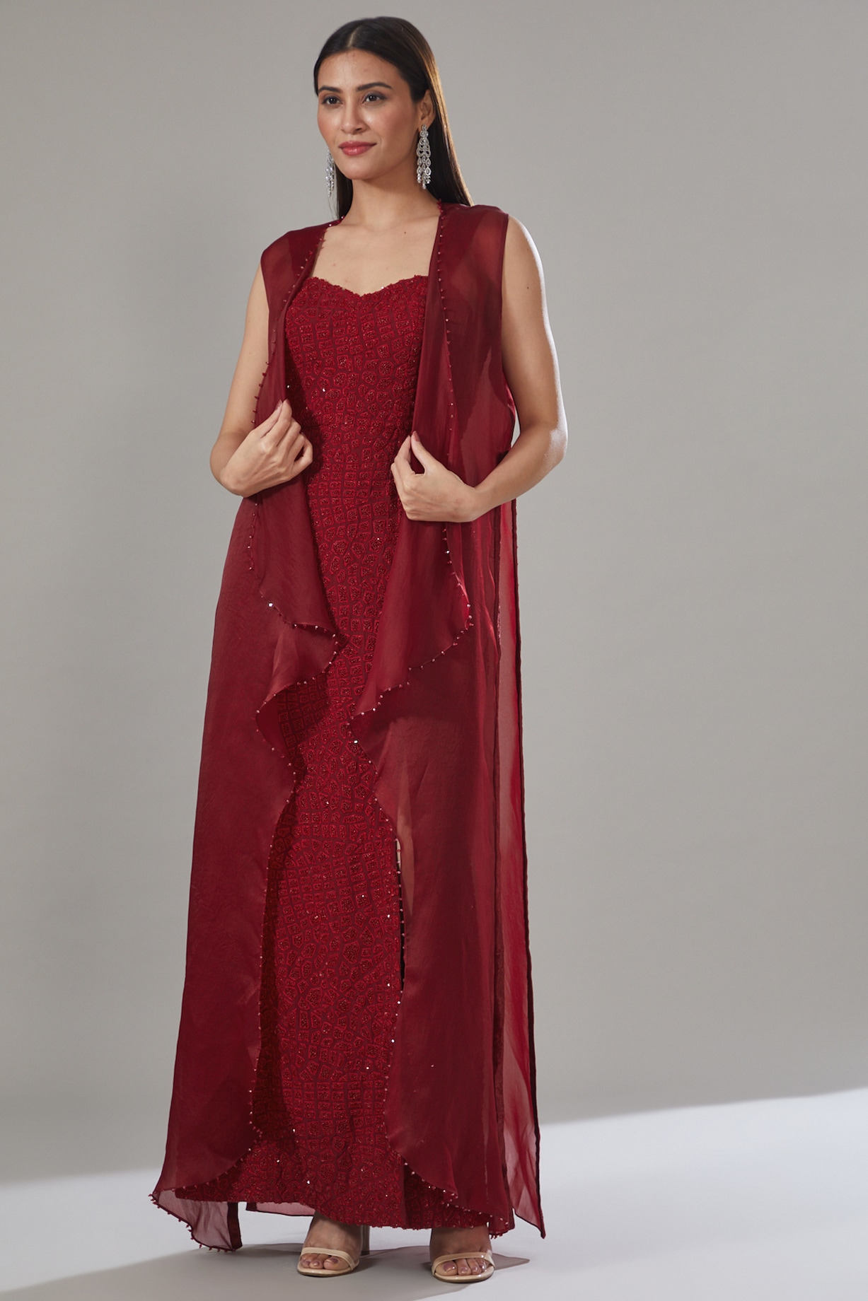 Pernia's Pop Up Shop - Mishru Women Red Georgette Hexagon Embroidered Slit Maxi Dress with Jacket