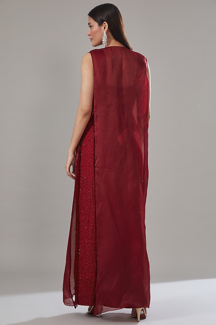Red Georgette Hexagon Embroidered Slit Maxi Party Wear Dress With Jacket by Mishru at Pernia's Pop Up Shop