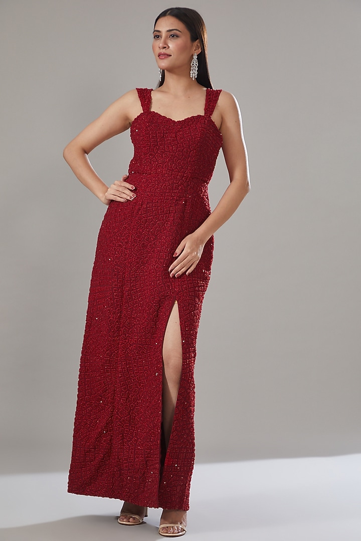 Red Georgette Hexagon Embroidered Slit Maxi Party Wear Dress With Jacket by Mishru at Pernia's Pop Up Shop