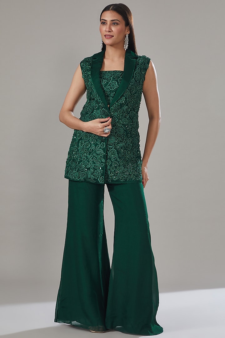Green Georgette Embroidered Blazer Set by Mishru