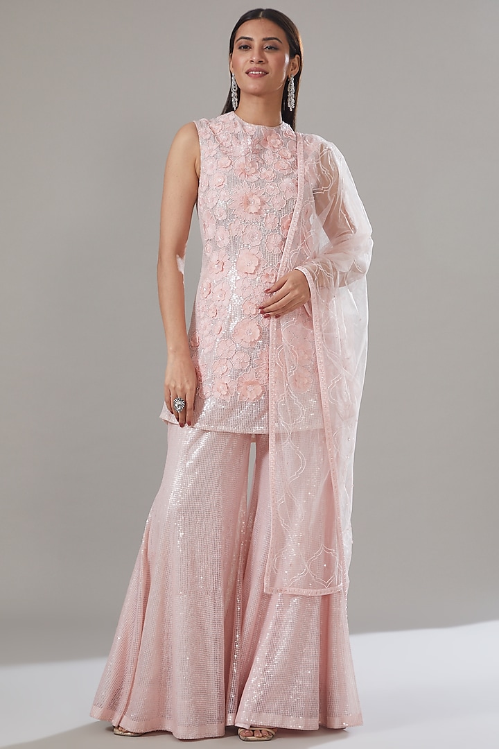 Pink Georgette Embroidered Sharara Set by Mishru