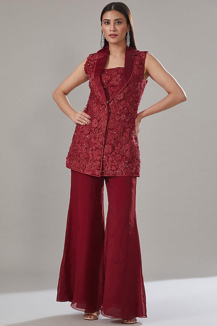 Red Georgette Embroidered Blazer Set by Mishru