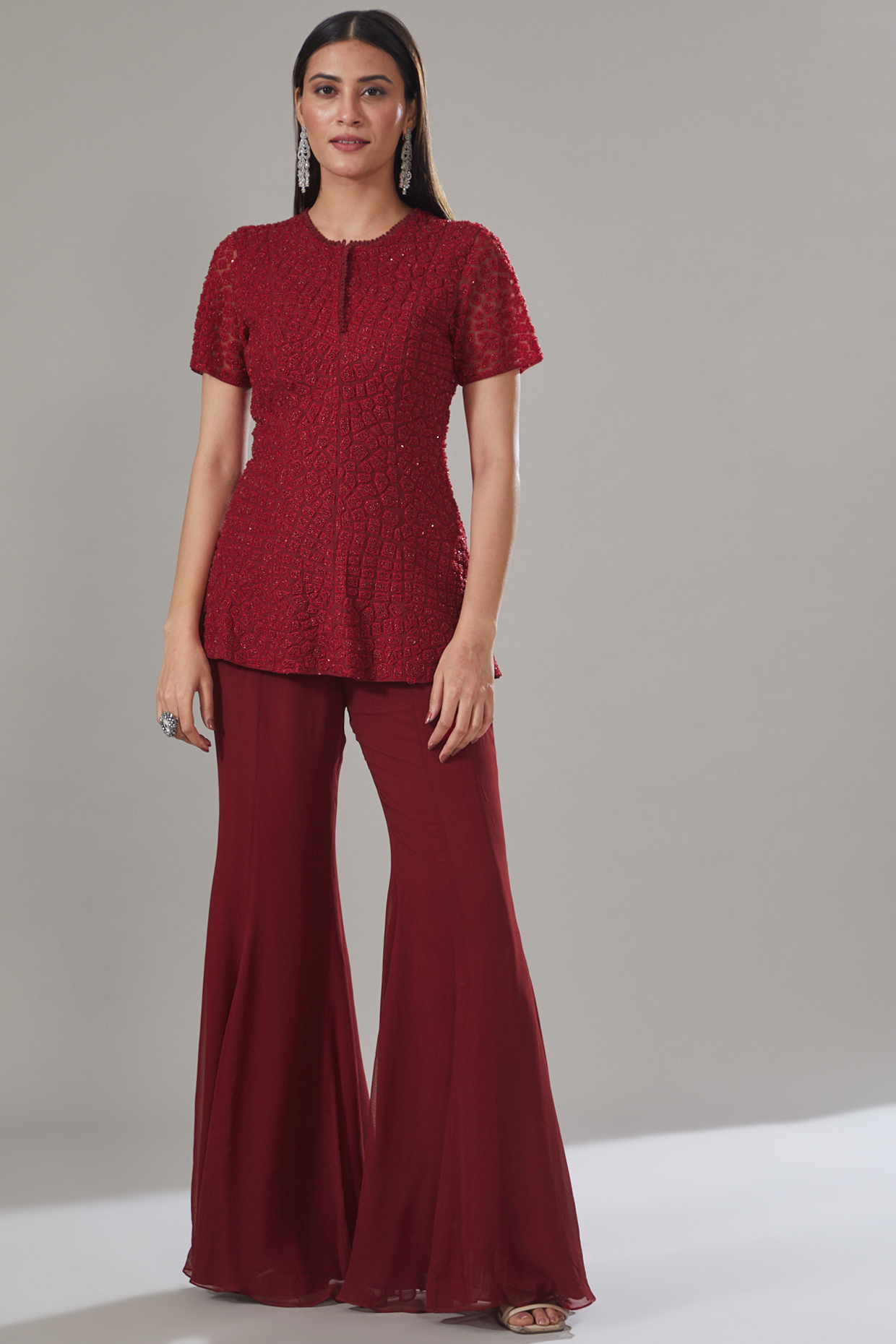 Red Georgette Embroidered Pant Set by Mishru at Pernia's Pop Up Shop