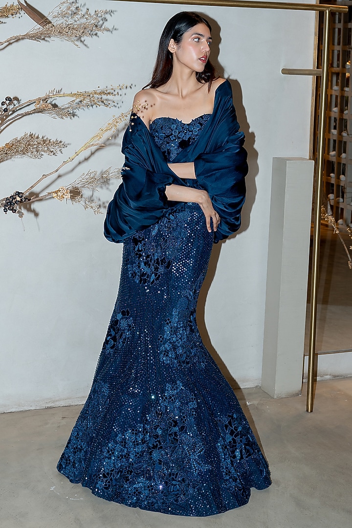 Navy Blue Tulle Bubble Cape Set by Mishru at Pernia's Pop Up Shop