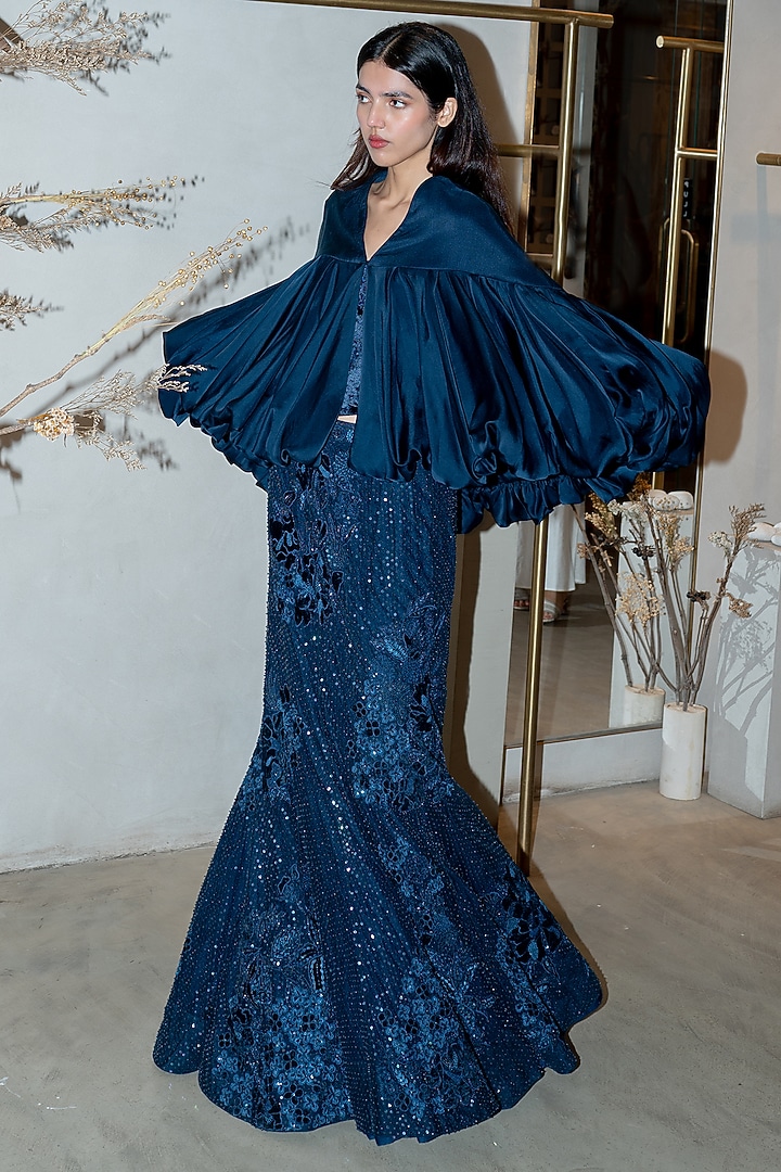 Navy Blue Tulle Bubble Cape Set by Mishru at Pernia's Pop Up Shop