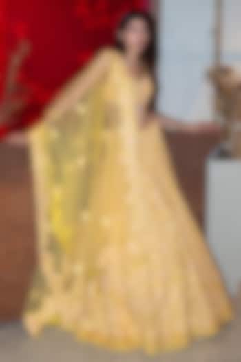 Yellow Organza & Tulle Applique Bridal Lehenga Set by Mishru at Pernia's Pop Up Shop