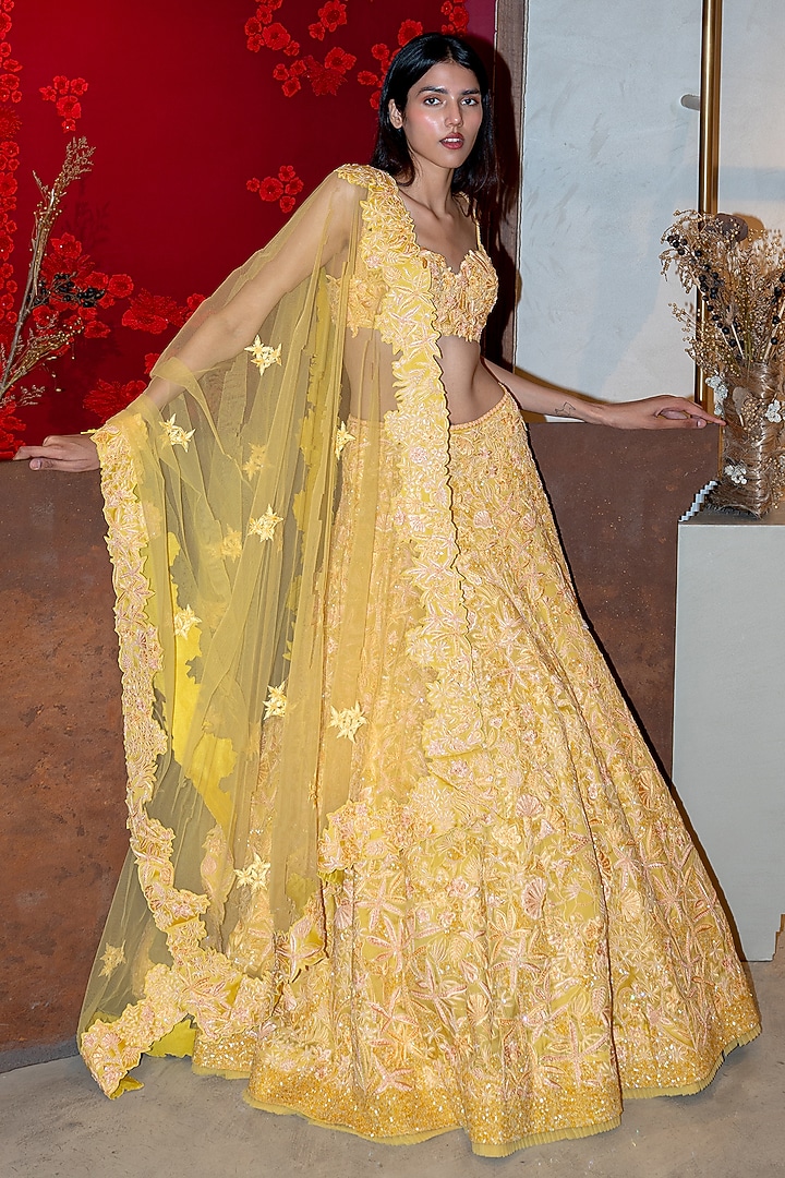 Yellow Organza & Tulle Applique Bridal Lehenga Set by Mishru at Pernia's Pop Up Shop