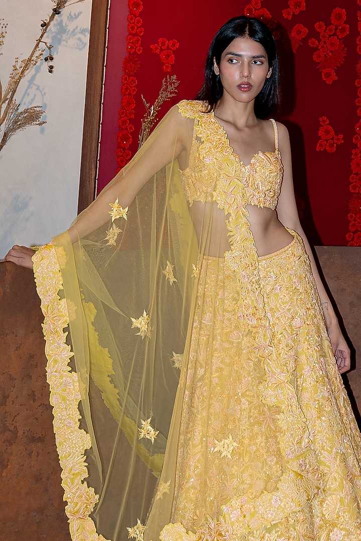 Yellow Organza & Tulle Applique Bridal Lehenga Set by Mishru at Pernia's Pop Up Shop