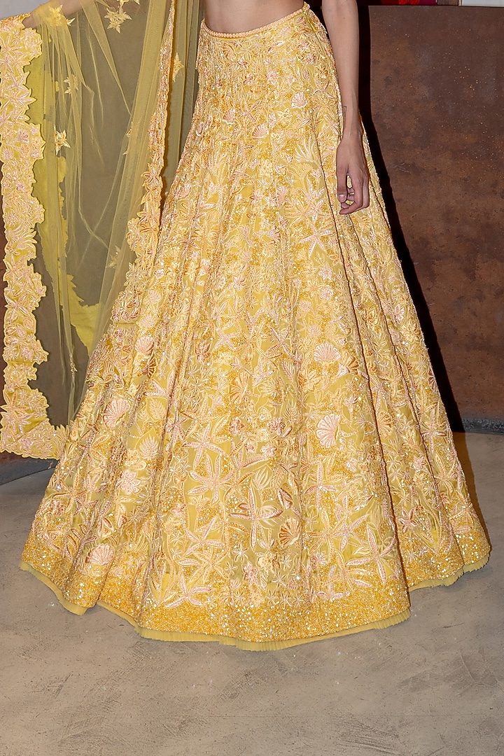 Yellow Organza & Tulle Applique Bridal Lehenga Set by Mishru at Pernia's Pop Up Shop