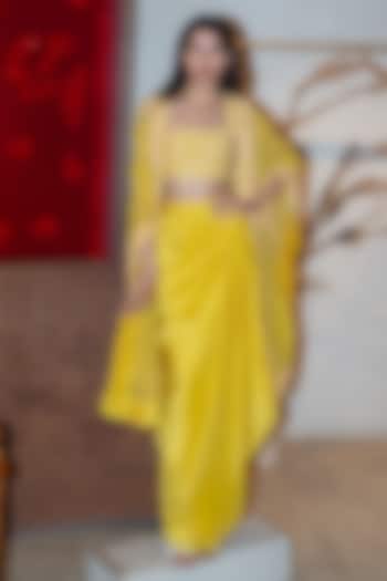 Yellow Organza & Silk Triangle Cape Set by Mishru at Pernia's Pop Up Shop
