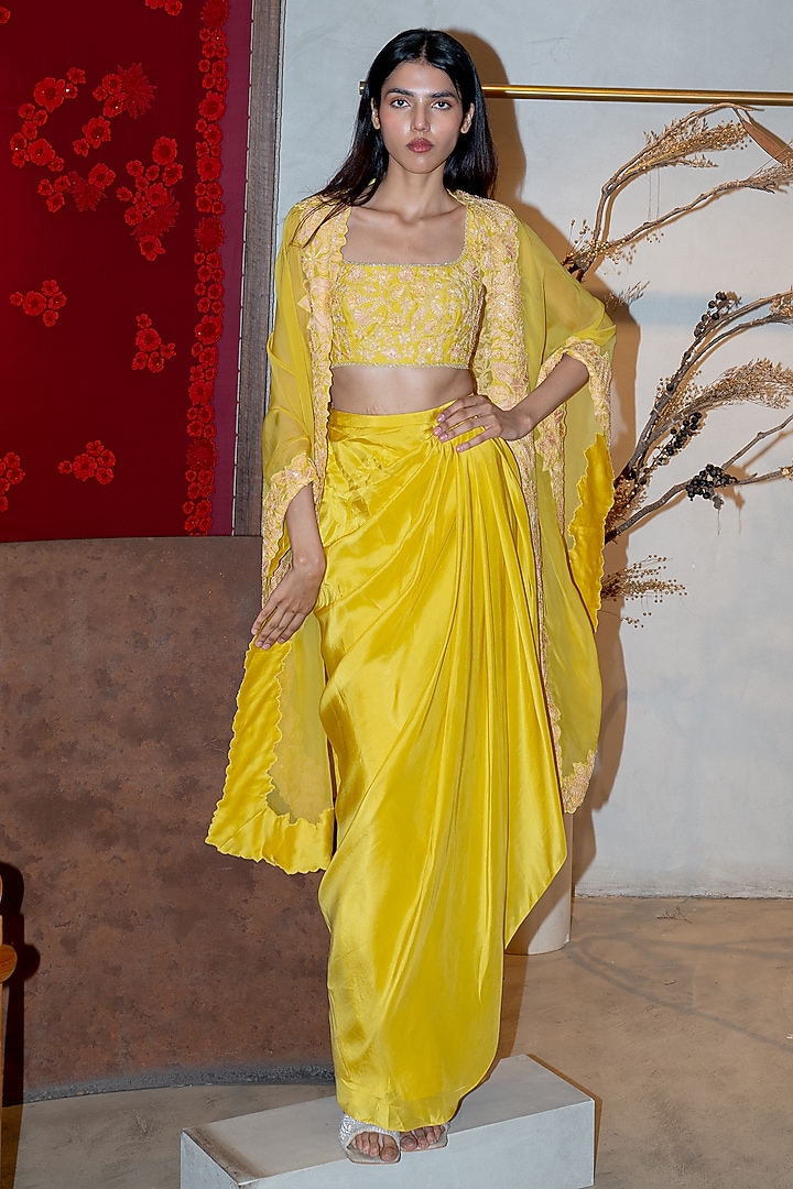 Yellow Organza & Silk Triangle Cape Set by Mishru at Pernia's Pop Up Shop