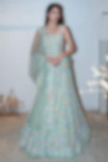 Mint Green Organza & Tulle Sequins Bridal Lehenga Set by Mishru at Pernia's Pop Up Shop