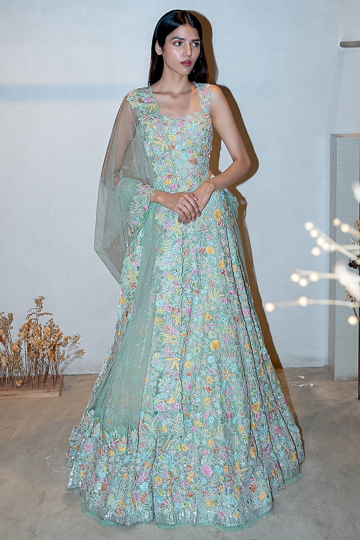 Mint Green Organza & Tulle Sequins Bridal Lehenga Set by Mishru at Pernia's Pop Up Shop
