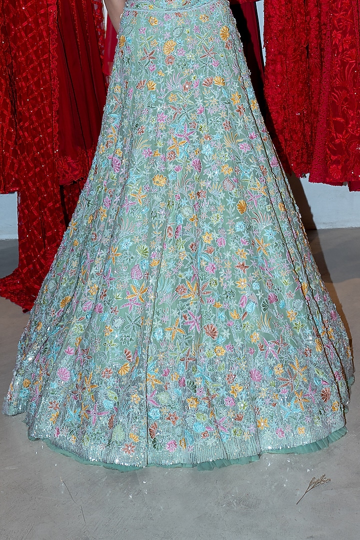 Mint Green Organza & Tulle Sequins Bridal Lehenga Set by Mishru at Pernia's Pop Up Shop