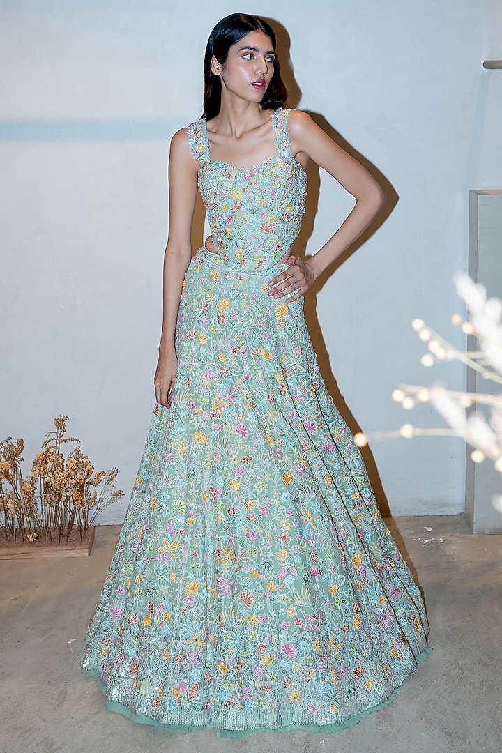 Mint Green Organza & Tulle Sequins Bridal Lehenga Set by Mishru at Pernia's Pop Up Shop