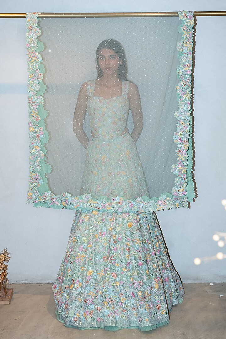 Mint Green Organza & Tulle Sequins Bridal Lehenga Set by Mishru at Pernia's Pop Up Shop