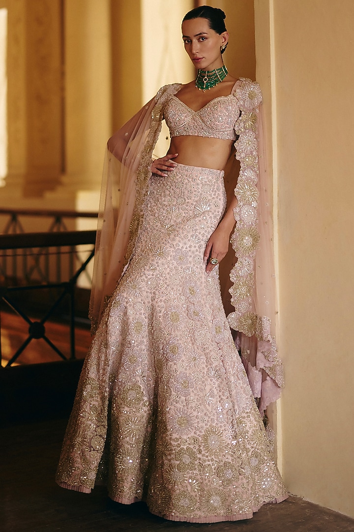 Husna Pink Tulle Floral Embroidered Bridal Lehenga Set by Mishru at Pernia's Pop Up Shop