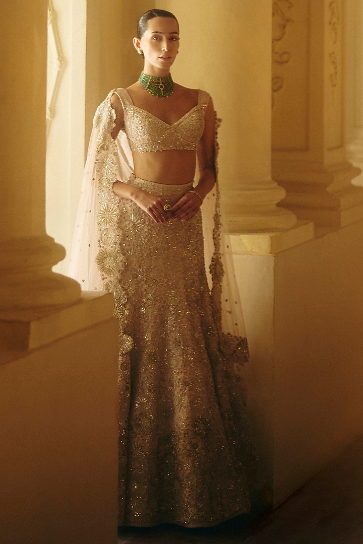 Husna Pink Tulle Floral Embroidered Bridal Lehenga Set by Mishru at Pernia's Pop Up Shop