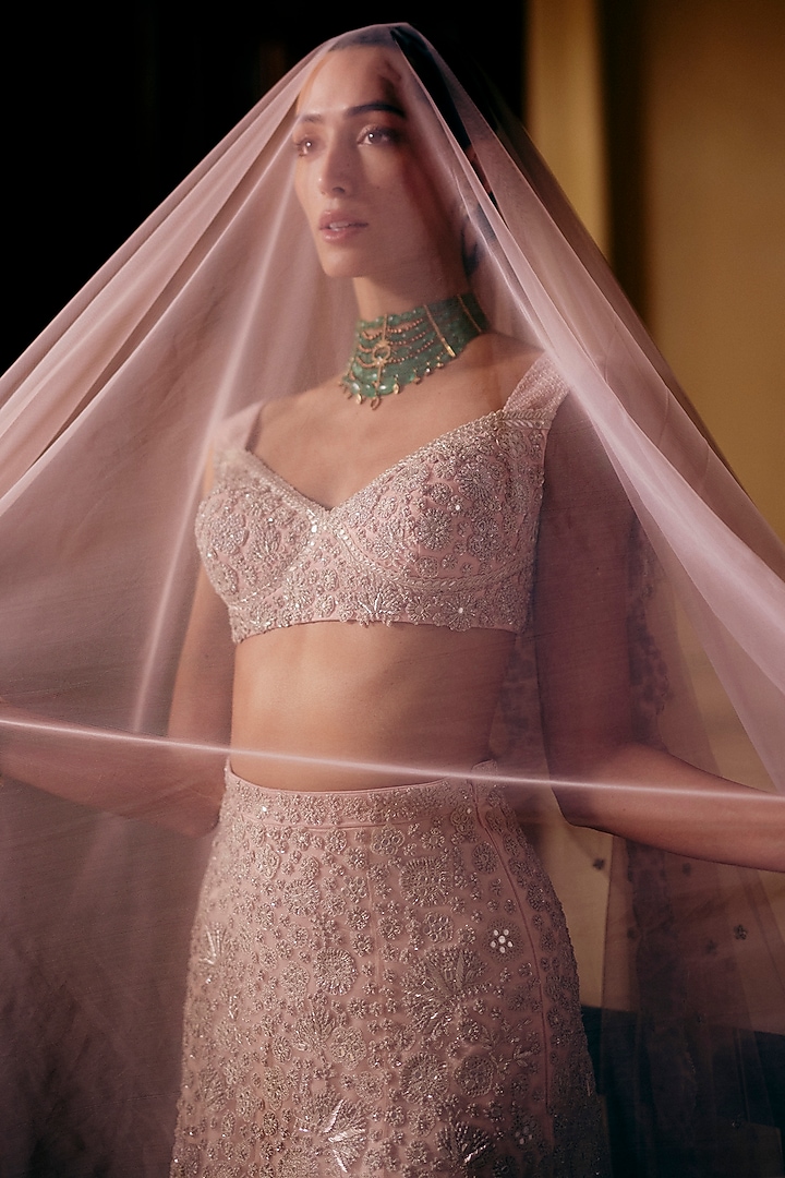 Husna Pink Tulle Floral Embroidered Bridal Lehenga Set by Mishru at Pernia's Pop Up Shop