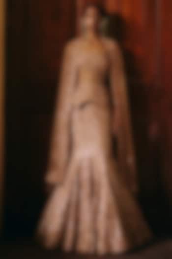 Golden Tulle Floral Embellished Fish-Cut Bridal Lehenga Set by Mishru at Pernia's Pop Up Shop