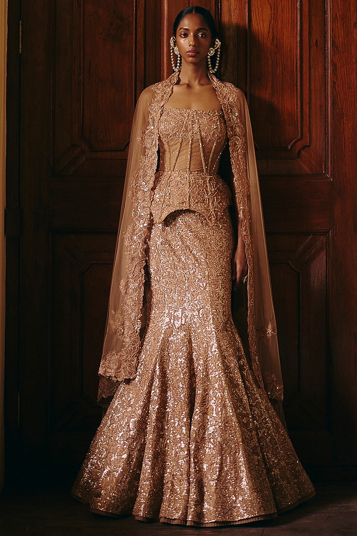 Golden Tulle Floral Embellished Fish-Cut Bridal Lehenga Set by Mishru at Pernia's Pop Up Shop