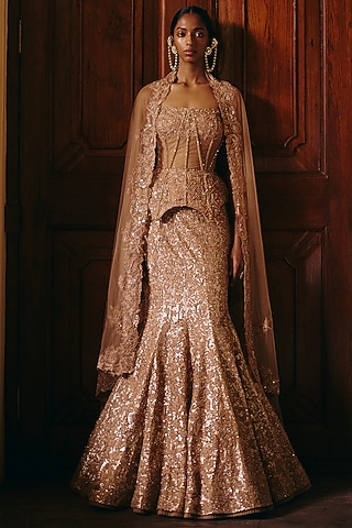 Golden Tulle Floral Embellished Fish-Cut Lehenga Set by Mishru