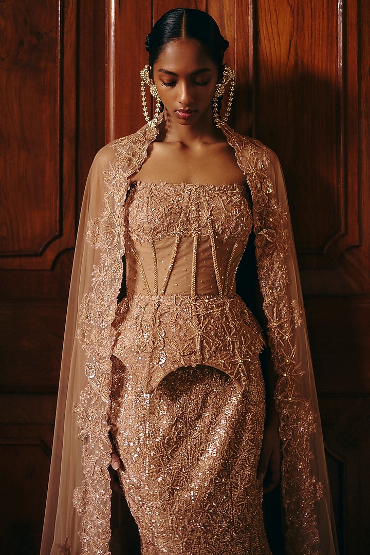 Golden Tulle Floral Embellished Fish-Cut Bridal Lehenga Set by Mishru at Pernia's Pop Up Shop