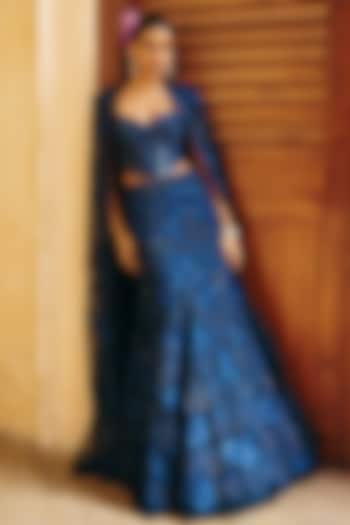 Navy Blue Tulle Floral Embroidered Fish-Cut Bridal Lehenga Set by Mishru at Pernia's Pop Up Shop