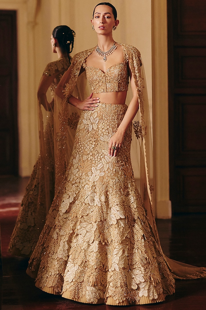 Golden Tulle Leaf Motif Embellished Fish-Cut Bridal Lehenga Set by Mishru at Pernia's Pop Up Shop