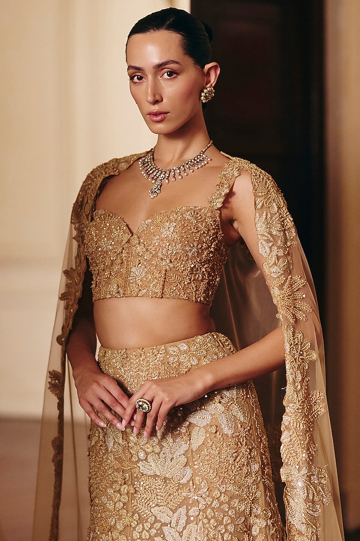 Golden Tulle Leaf Motif Embellished Fish-Cut Bridal Lehenga Set by Mishru at Pernia's Pop Up Shop