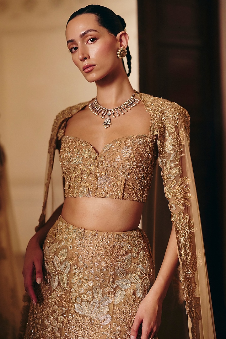 Golden Tulle Leaf Motif Embellished Fish-Cut Bridal Lehenga Set by Mishru at Pernia's Pop Up Shop