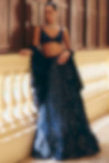Navy Blue Tulle Applique Embellished Skirt Set by Mishru at Pernia's Pop Up Shop