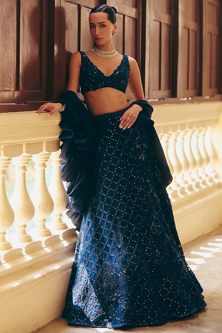 Navy Blue Tulle Applique Embellished Skirt Set by Mishru at Pernia's Pop Up Shop