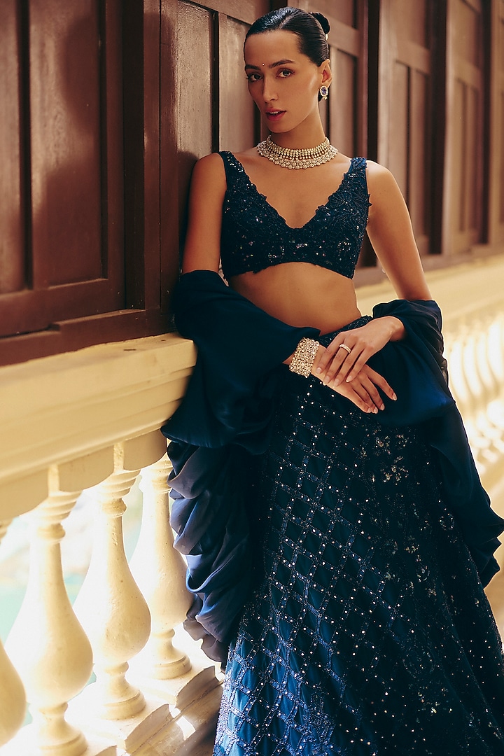 Navy Blue Tulle Applique Embellished Skirt Set by Mishru at Pernia's Pop Up Shop