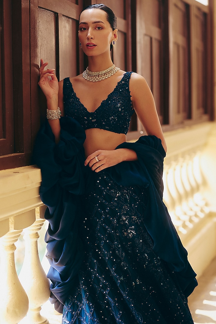 Navy Blue Tulle Applique Embellished Skirt Set by Mishru at Pernia's Pop Up Shop