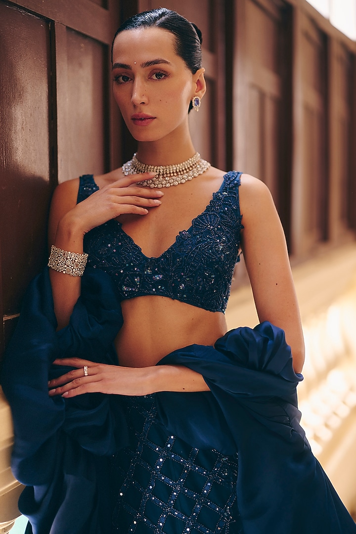 Navy Blue Tulle Applique Embellished Skirt Set by Mishru at Pernia's Pop Up Shop