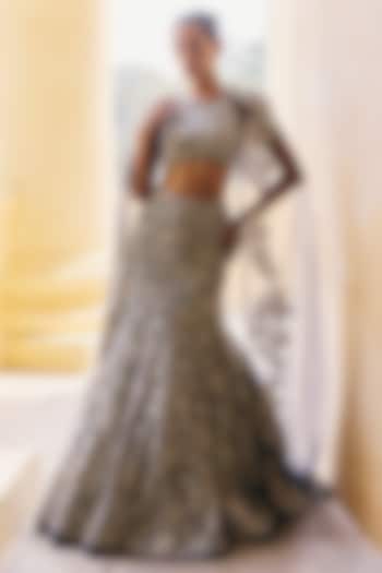 Gunmetal Grey Tulle Metallic Embroidered Fish-Cut Skirt Set by Mishru at Pernia's Pop Up Shop
