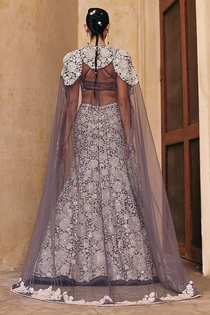 Gunmetal Grey Tulle Metallic Embroidered Fish-Cut Skirt Set by Mishru at Pernia's Pop Up Shop