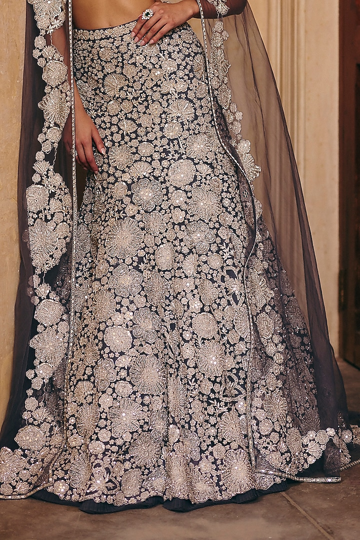 Gunmetal Grey Tulle Metallic Embroidered Fish-Cut Skirt Set by Mishru at Pernia's Pop Up Shop