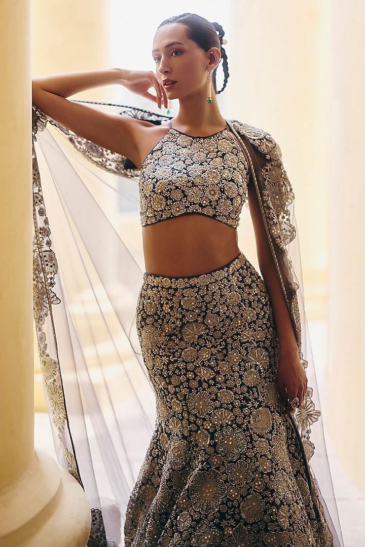 Gunmetal Grey Tulle Metallic Embroidered Fish-Cut Skirt Set by Mishru at Pernia's Pop Up Shop