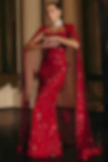 Red Tulle Floral Embroidered Straight Skirt Set by Mishru at Pernia's Pop Up Shop