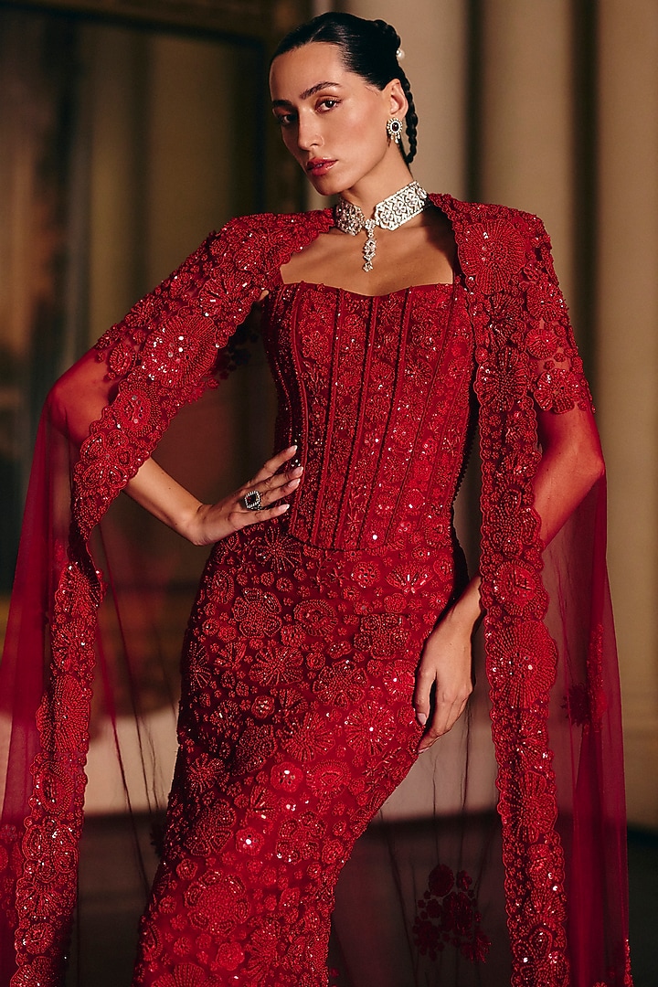 Red Tulle Floral Embroidered Straight Skirt Set by Mishru at Pernia's Pop Up Shop