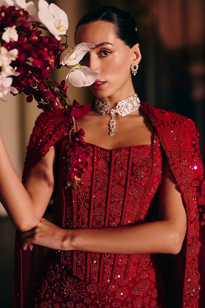 Red Tulle Floral Embroidered Straight Skirt Set by Mishru at Pernia's Pop Up Shop