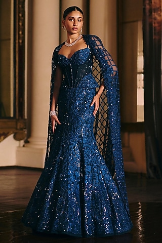 Navy Blue Tulle Sequins Embroidered Fish-Cut Skirt Set by Mishru