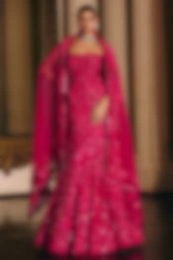 Fuchsia Tulle Embroidered Fish-Cut Skirt Set by Mishru at Pernia's Pop Up Shop