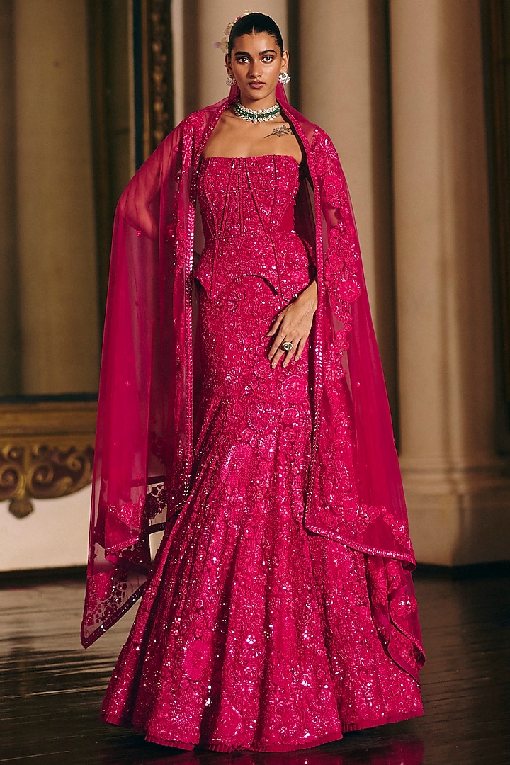 Fuchsia Tulle Embroidered Fish-Cut Skirt Set by Mishru at Pernia's Pop Up Shop