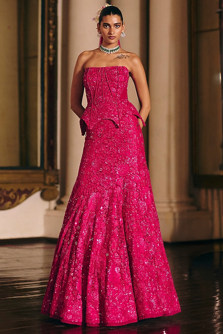 Fuchsia Tulle Embroidered Fish-Cut Skirt Set by Mishru at Pernia's Pop Up Shop