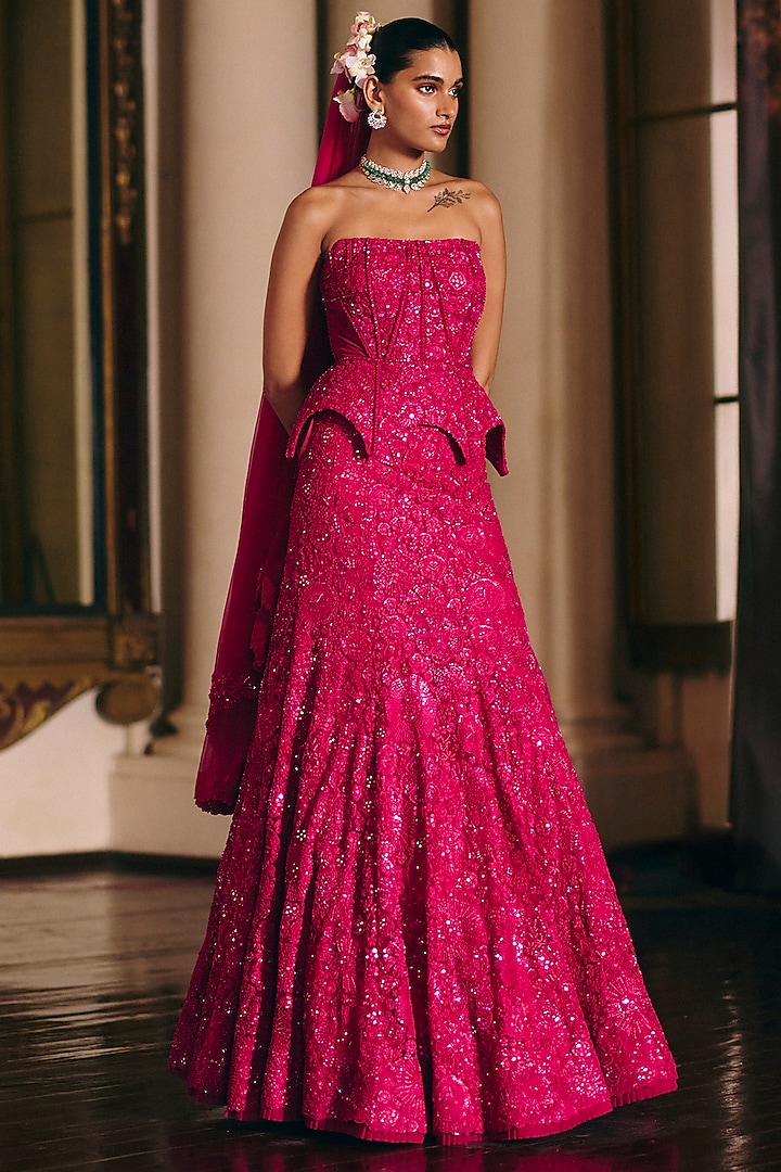 Fuchsia Tulle Embroidered Fish-Cut Skirt Set by Mishru at Pernia's Pop Up Shop